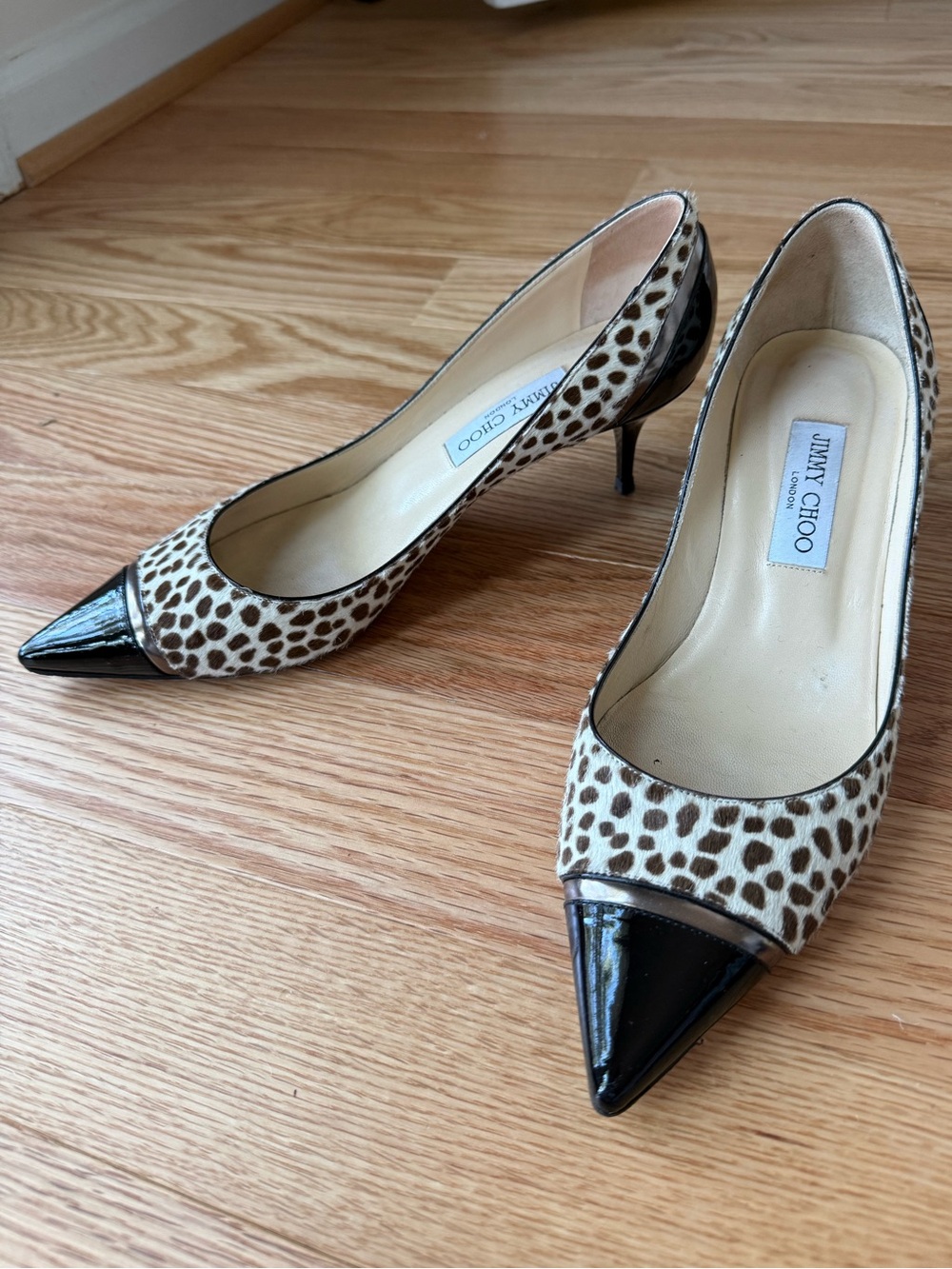 Jimmy Choo Calf Hair Animal Print Patent Leather Toe Pumps Kitten Heels EU 41